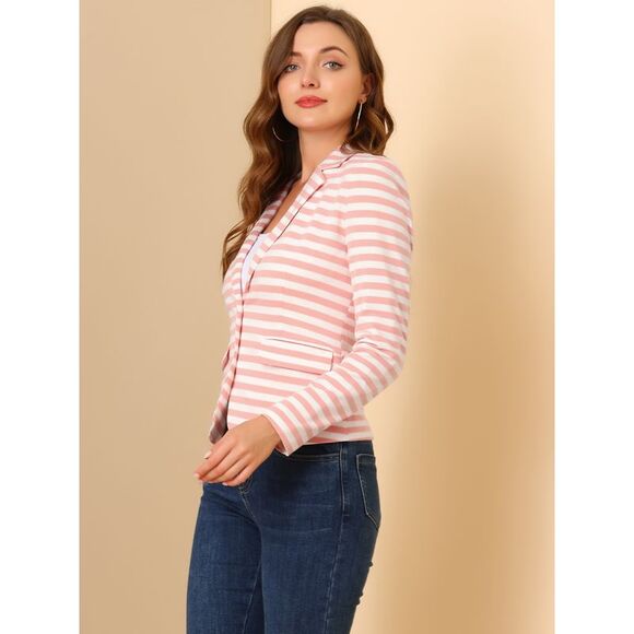 Notched Lapel Pocket Button Closure Striped Blazer White Pink - Picture 4 of 6